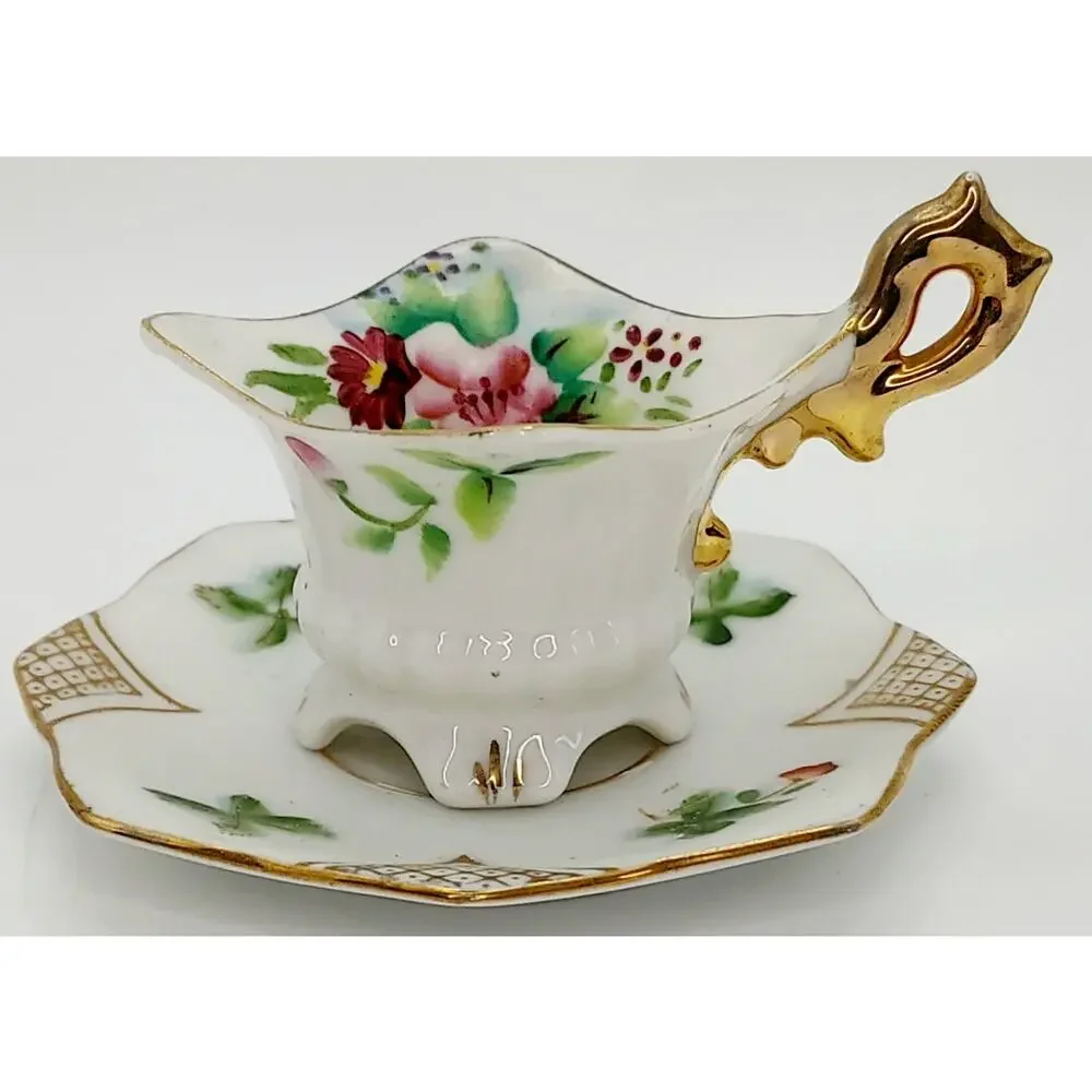VTG Japanese Miniature Demitasse Footed Teacup And Saucer Floral Gold Tone Trim
